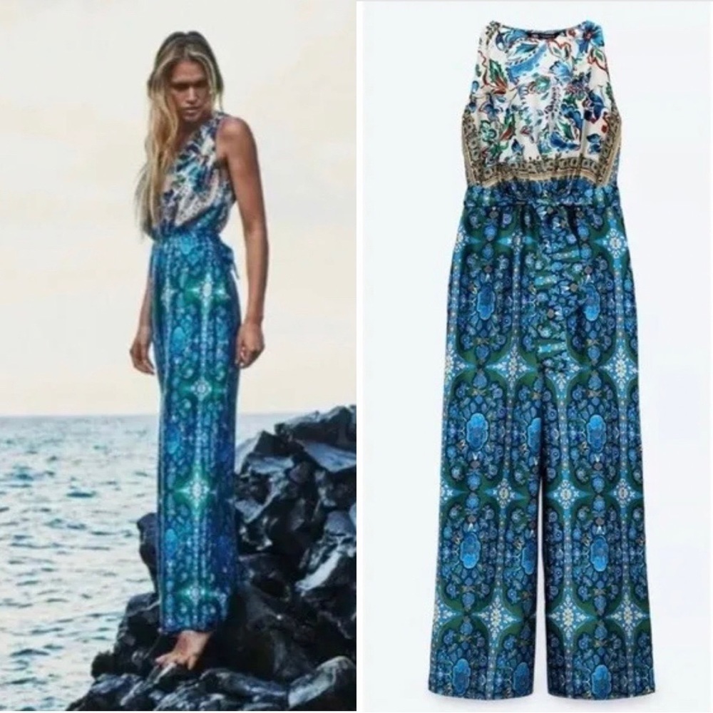Zara Blue Green Printed Sleeveless Jumpsuit